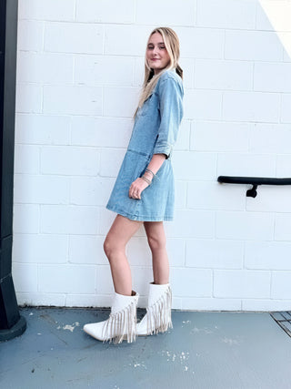 Medium wash denim button-down, three-quarter length sleeve mini dress