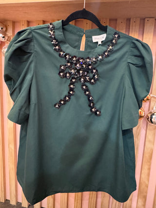 Embellished Bow Puff Sleeve Top