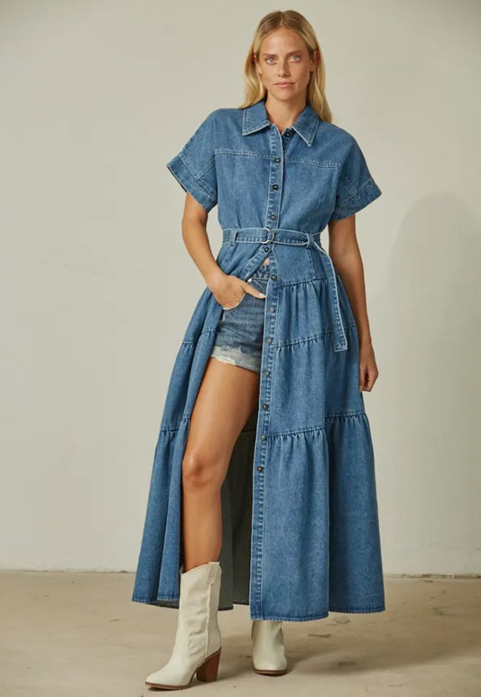 Boho Extra Wide Sweep Maxi
Denim Dress