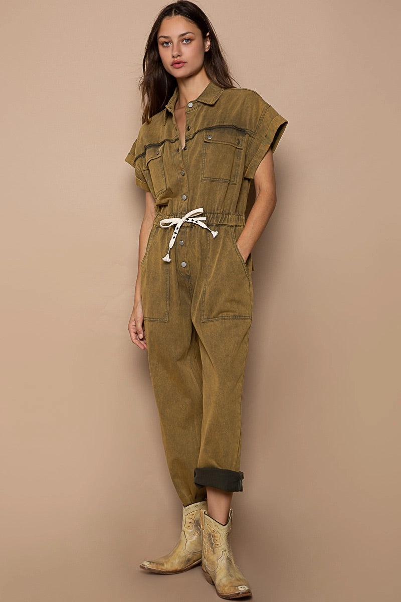 Waist Drawstring Rolled Short Sleeve Pocket Collar Jumpsuit