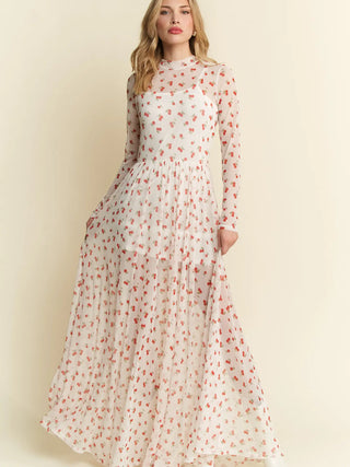 Cream cherry dress, vintage-style fruit print, sheer mesh overlay dress, modest mock neck maxi.