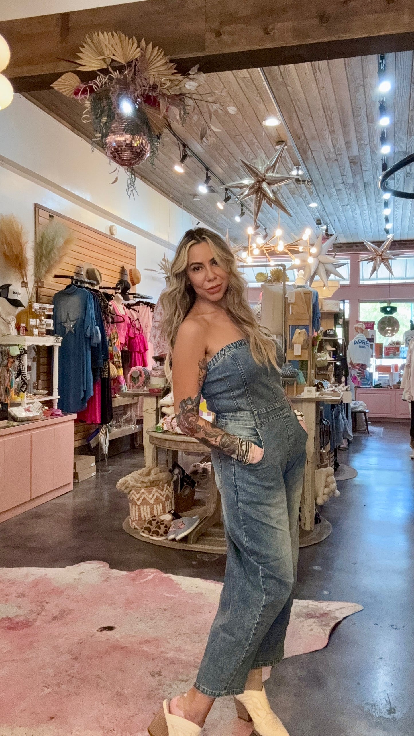 Strapless barrel denim jumpsuit