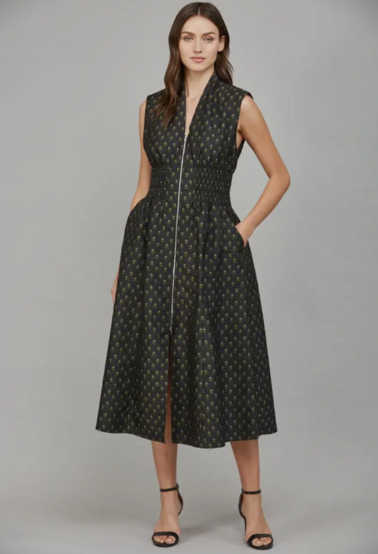 V-Neckline Front Zip-Up Midi
Dress