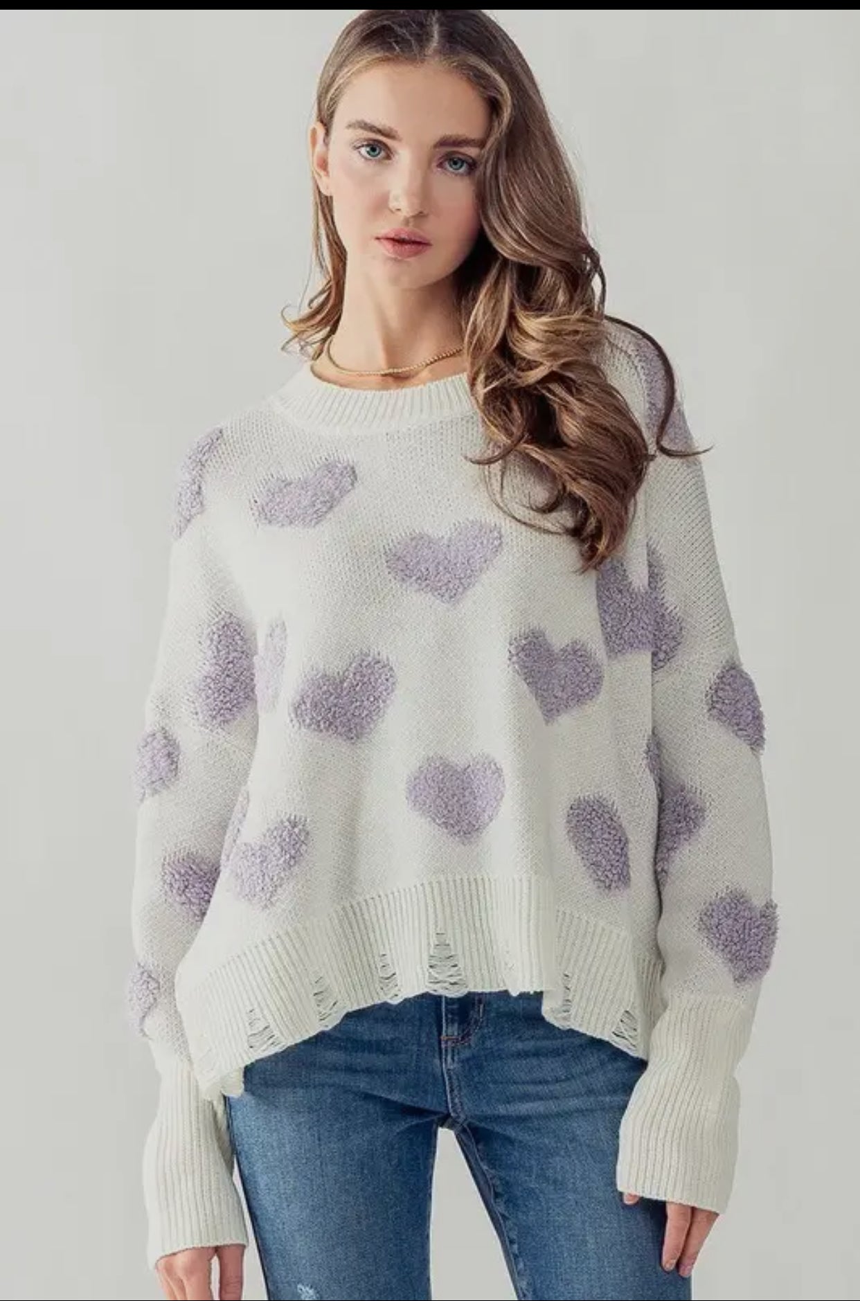 Fuzzy heart knit distressed