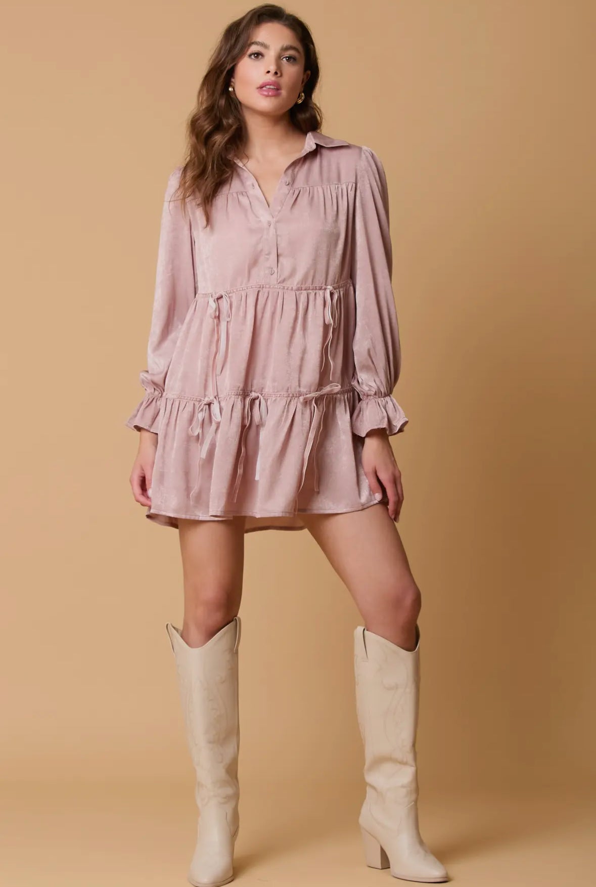 Bow Tie Satin Shirt Dress