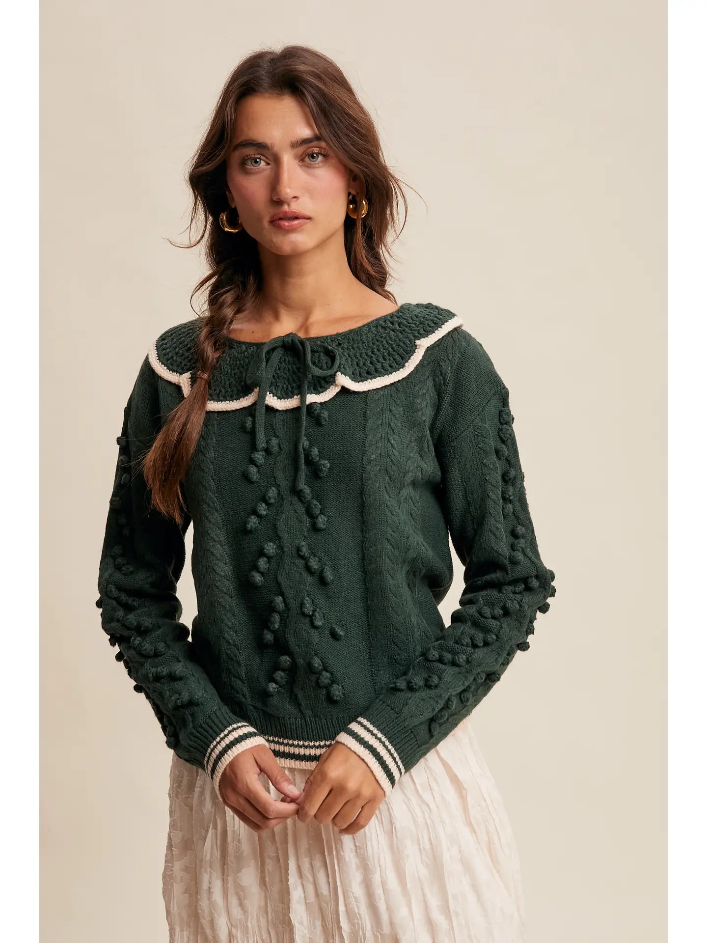 forest green pompom vintage cable knit sweater