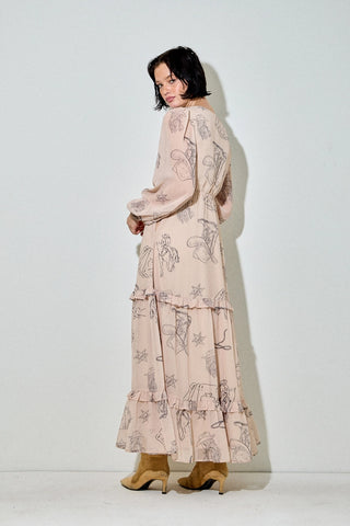 maxi dress +sleeve with elastic cuffs +deep v-neck  +side slit