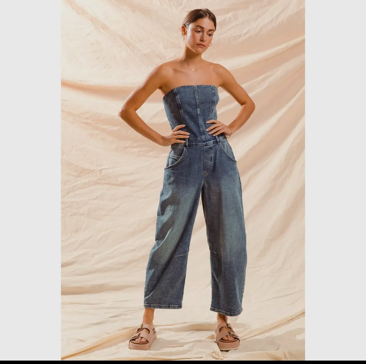 Strapless barrel denim jumpsuit
