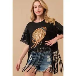 Football sequin fringe graphic tee