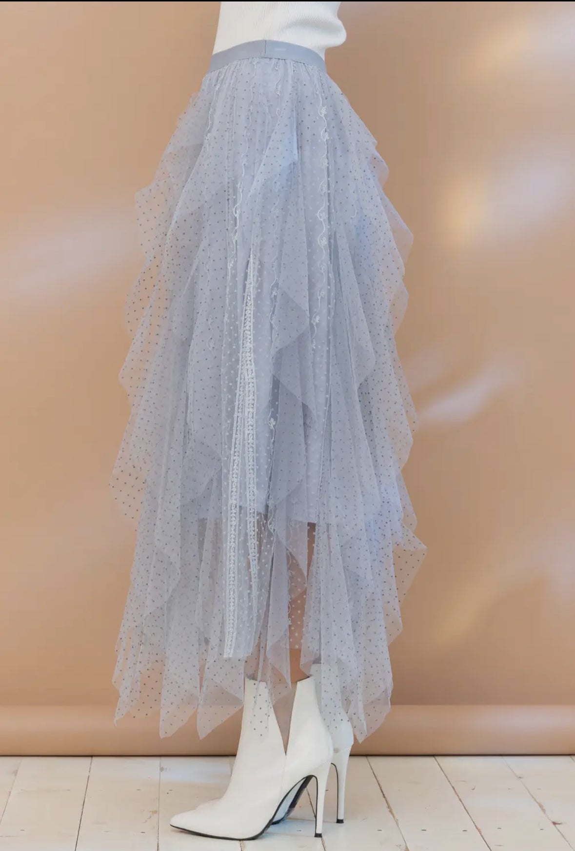 Swiss Dot Tulle Mesh
Ruffle Maxi Skirt