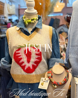 Strawberry V-Neck Sweater Vest - Oatmeal