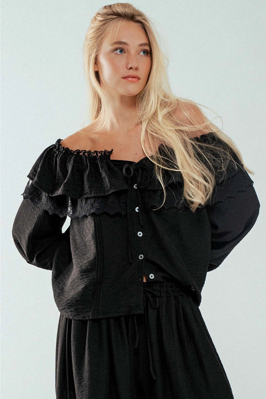 black ruffle off shoulders top