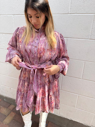 Shimmering Ruffled Neck Mini Dress with Front Buttons