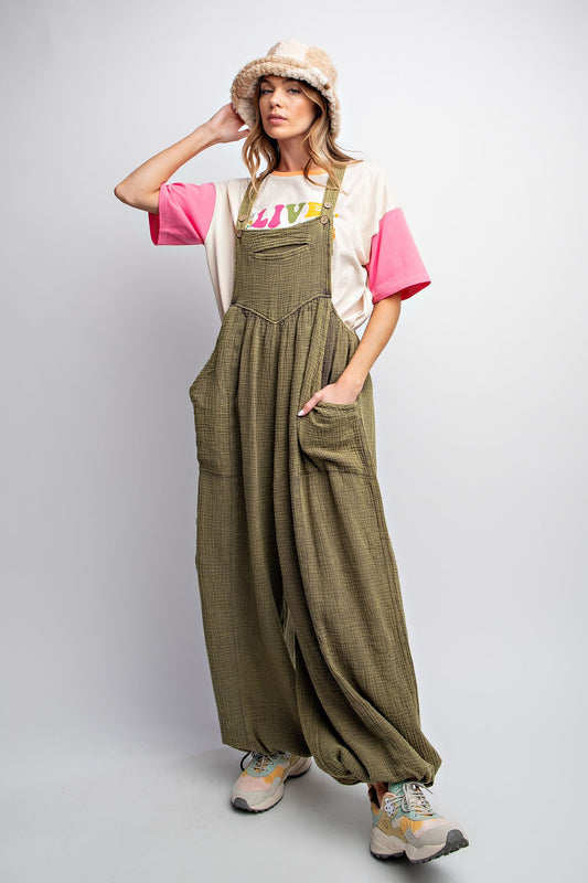 Olive cotton gauze, mineral washed jumpsuit