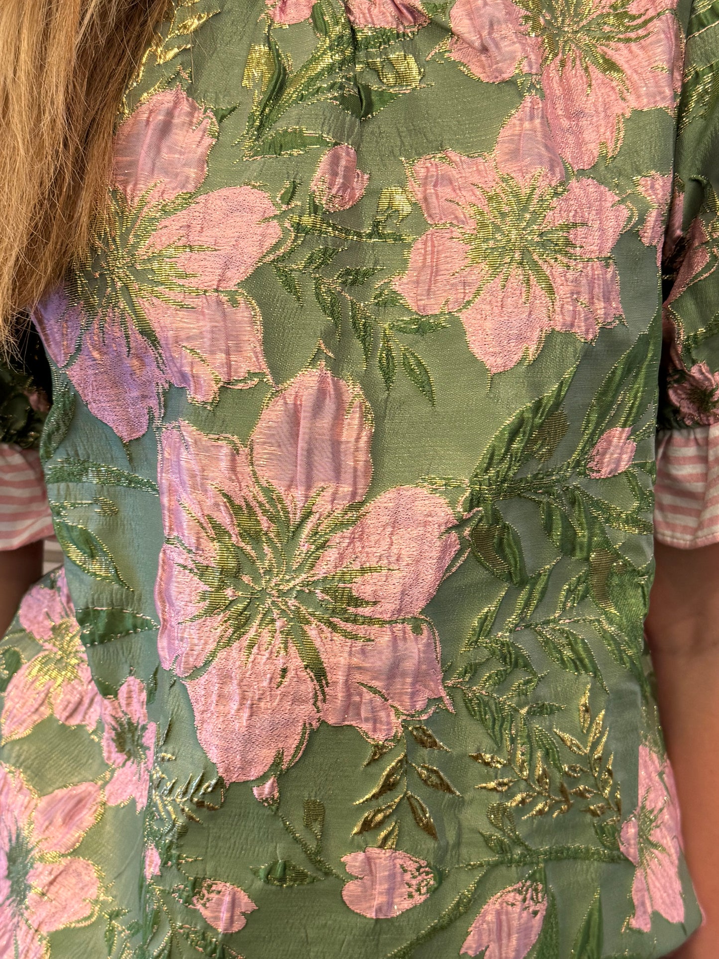 Striped Ruffle Detailed Floral Jacquard Top