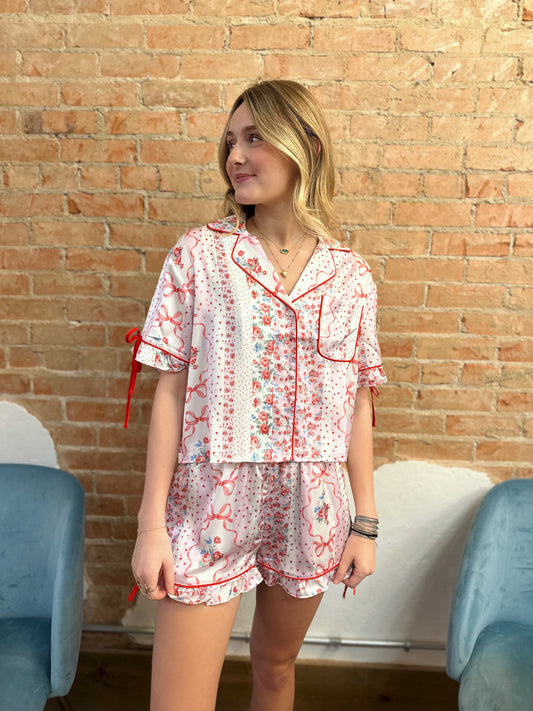 Sleeve Ruffle With Tie Detail Satin Pajama Set