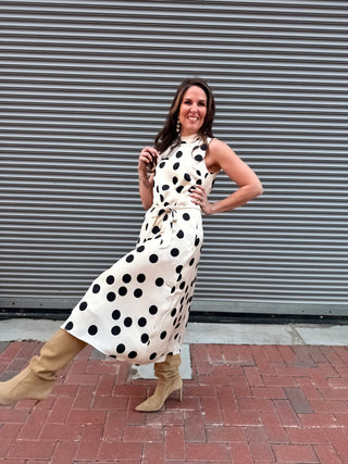 Polka Dot Mock Neck Self Tie Waist Midi Dress