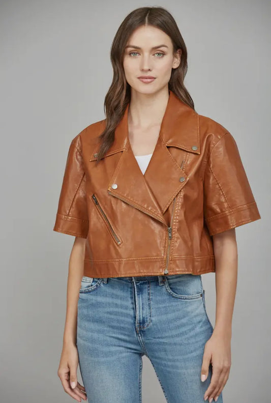 Cropped cognac faux leather jacket