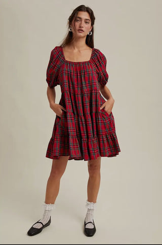 Gingham Puff Sleeve Tiered Mini dress