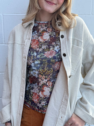 stretchy, semi-sheer mesh top featuring a gorgeous floral pattern and fitted long sleeves