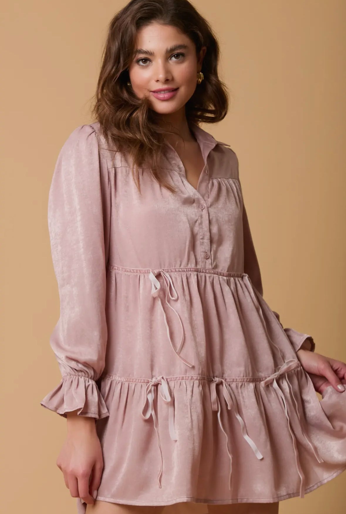 Bow Tie Satin Shirt Dress