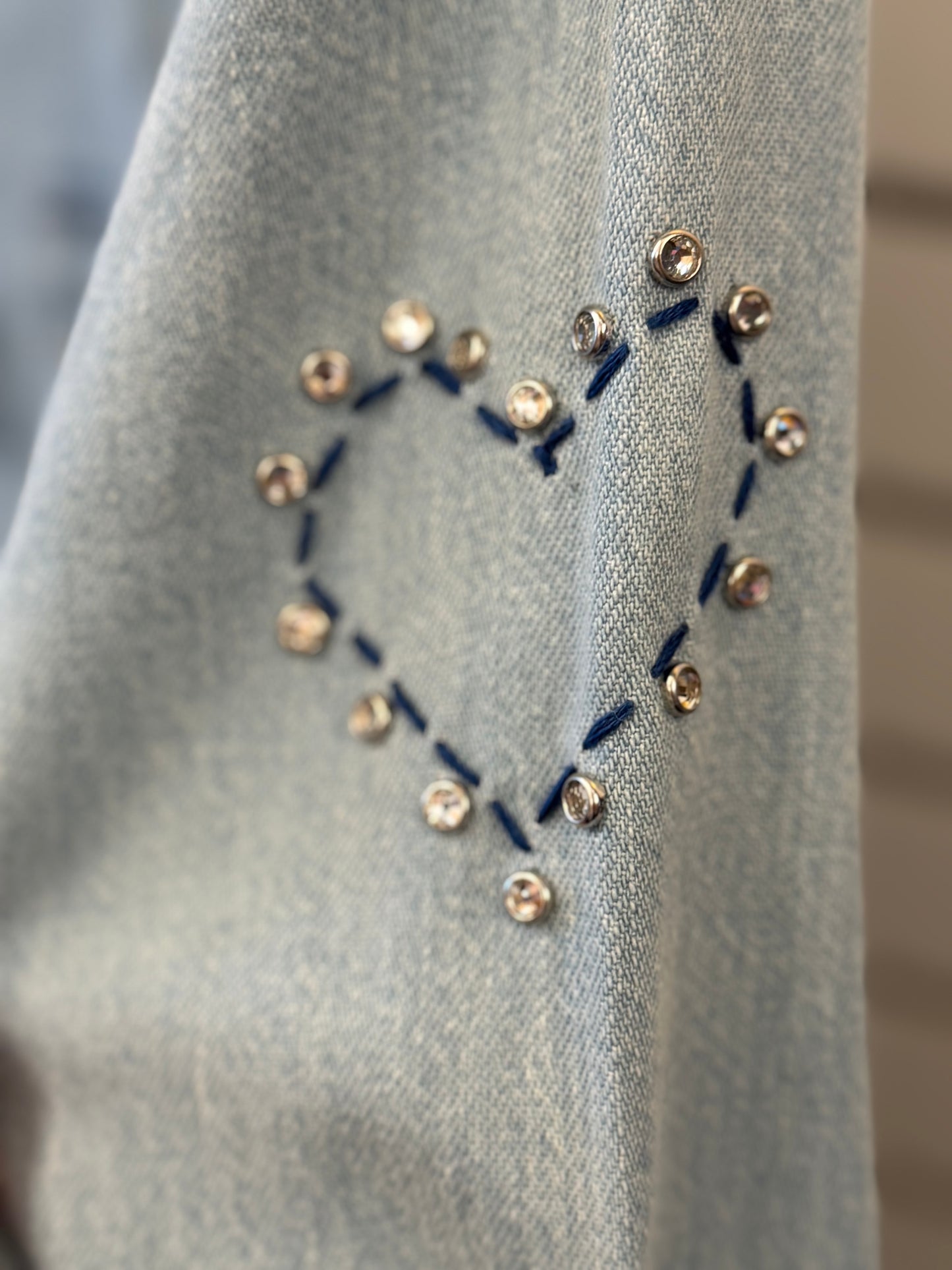 denim long sleeve button up with custon hand stitching 