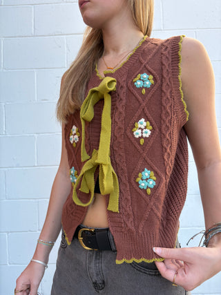 Hand-Embroidered Cable Knit Sweater Vest with Bow Tie