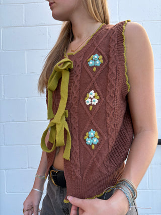 Hand-Embroidered Cable Knit Sweater Vest with Bow Tie