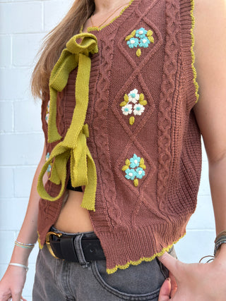 Hand-Embroidered Cable Knit Sweater Vest with Bow Tie