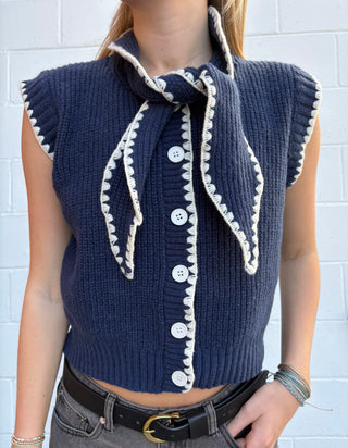 Boho Button-Down Sweater Vest with Tie-Neck Detail