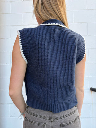 Boho Button-Down Sweater Vest with Tie-Neck Detail