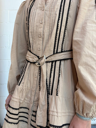 Contrast Lace Trim Belted Mini Dress