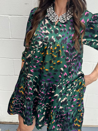 Animal Print Split-Neck Tiered Dress