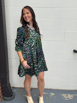 Animal Print Split-Neck Tiered Dress