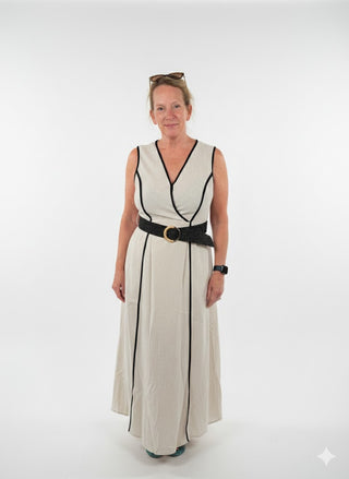 LINEN DRESS MAXI. DRESS SHORT SLEEVE BELTED DRESS NATURAL COLOR V- NECK DRESS