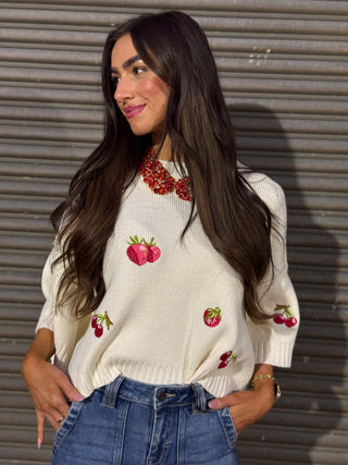 Cream Fruit Embroidery Knit Top