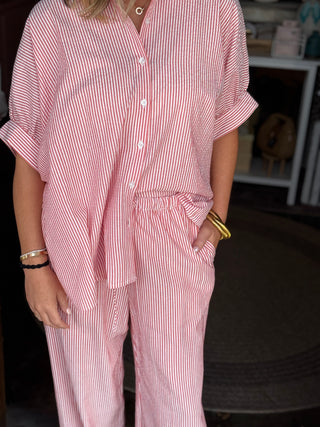 Striped Short Sleeve Button-Front Blouse