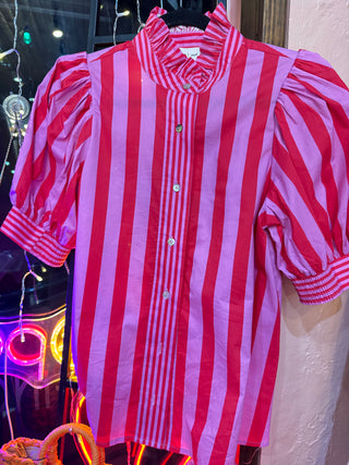 Peppermint Pop Ruffle Neck Striped Blouse