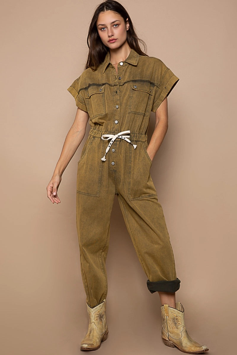 Waist Drawstring Rolled Short Sleeve Pocket Collar Jumpsuit