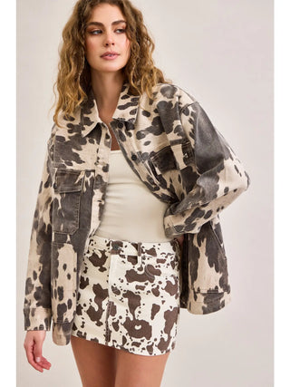 Cow Print Oversized Cotton Shacket - Western Graphic Shirt Jacket
