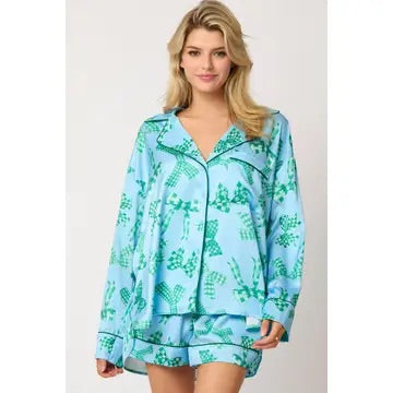 SATIN BOW PRINT LS SHIRT & SHORT SET