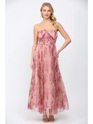 Blush pink floral maxi dress

Pleated mesh evening gown

Garden party floral dress

Romantic spring wedding guest dress

Floral mesh pleated dress

Lightweight pastel maxi dress