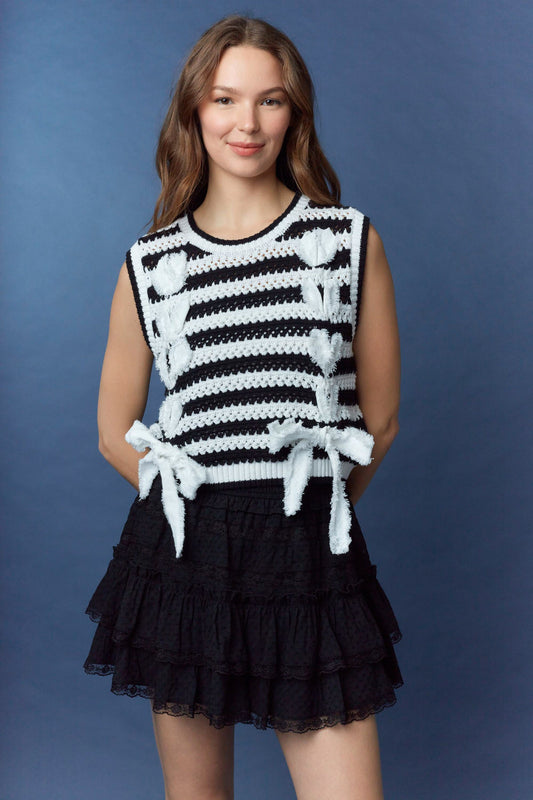 Striped Bow Sweater Top Black/White