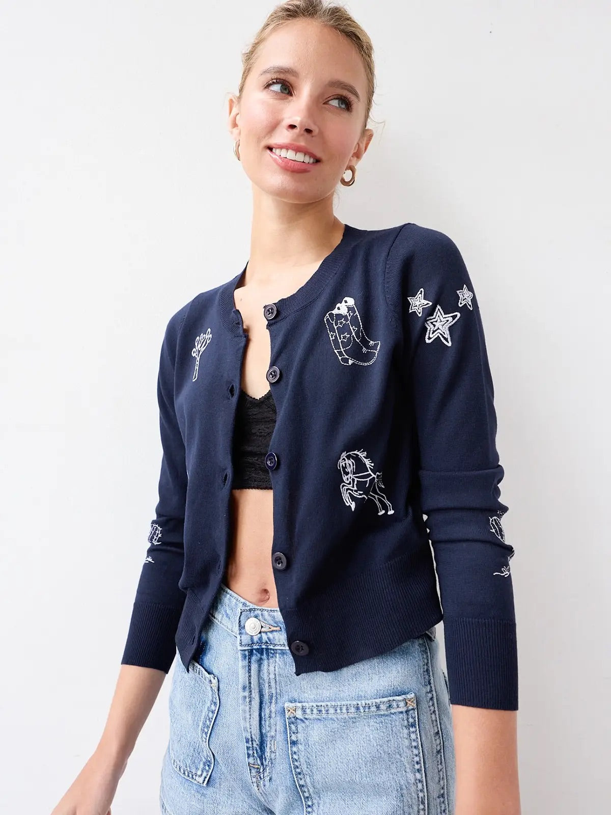 Navy Embroidered Cardigan