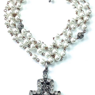 Triple-Strand Rosaried Pearl Necklace with Cross Pendant