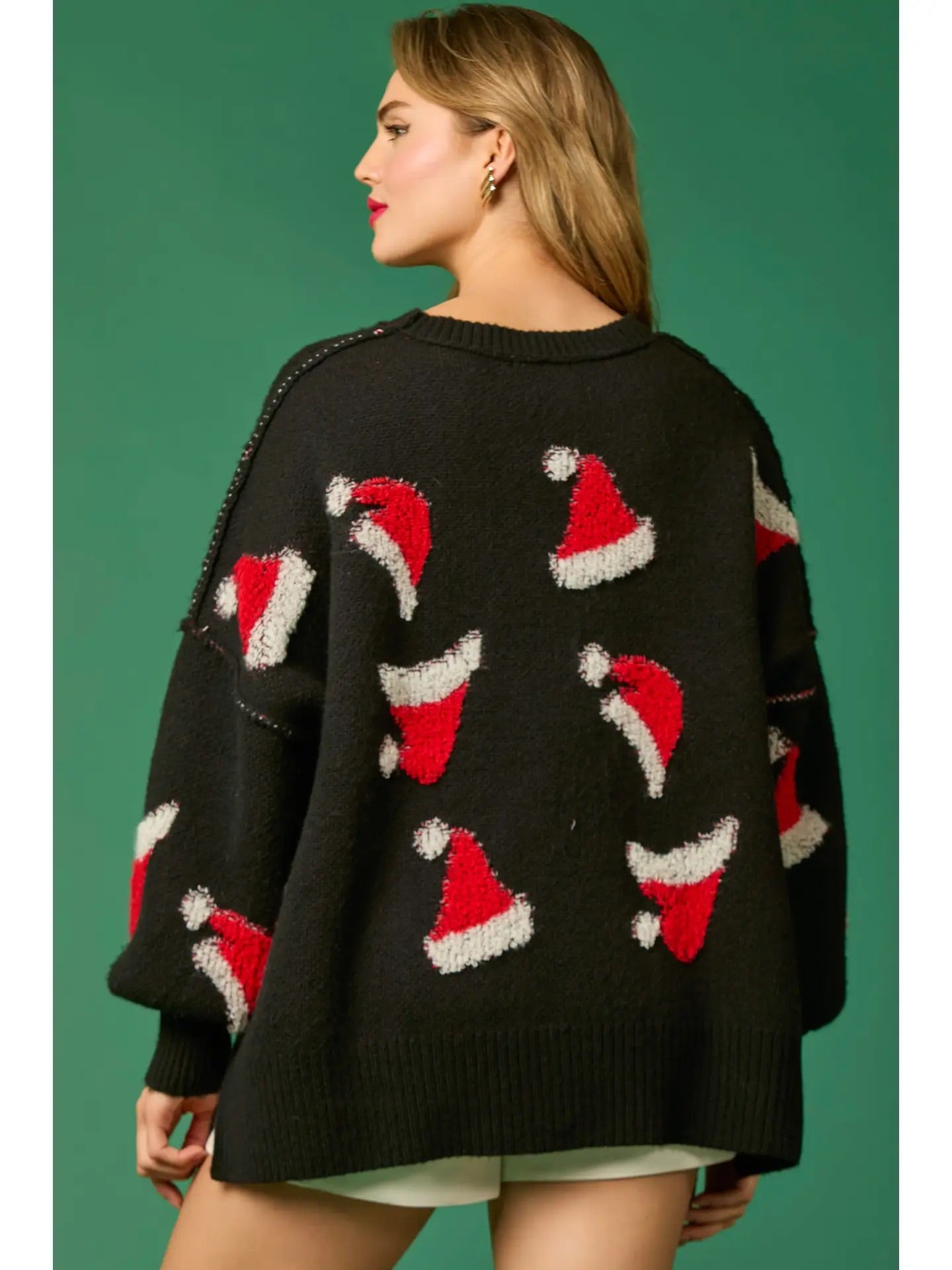 GREEN KNIT SWEATER W/ SANTA HATS