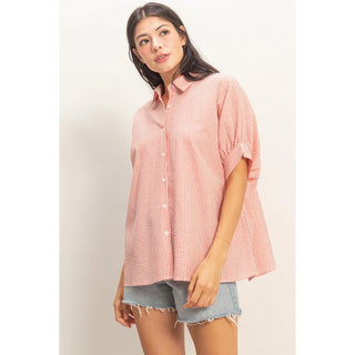 red striped blouse button down short sleeves