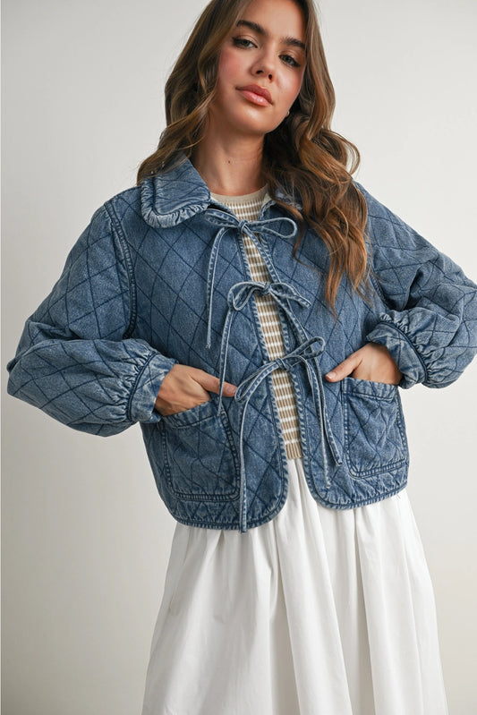 QUILTED LONG SLEEVE TIE-FRONT
