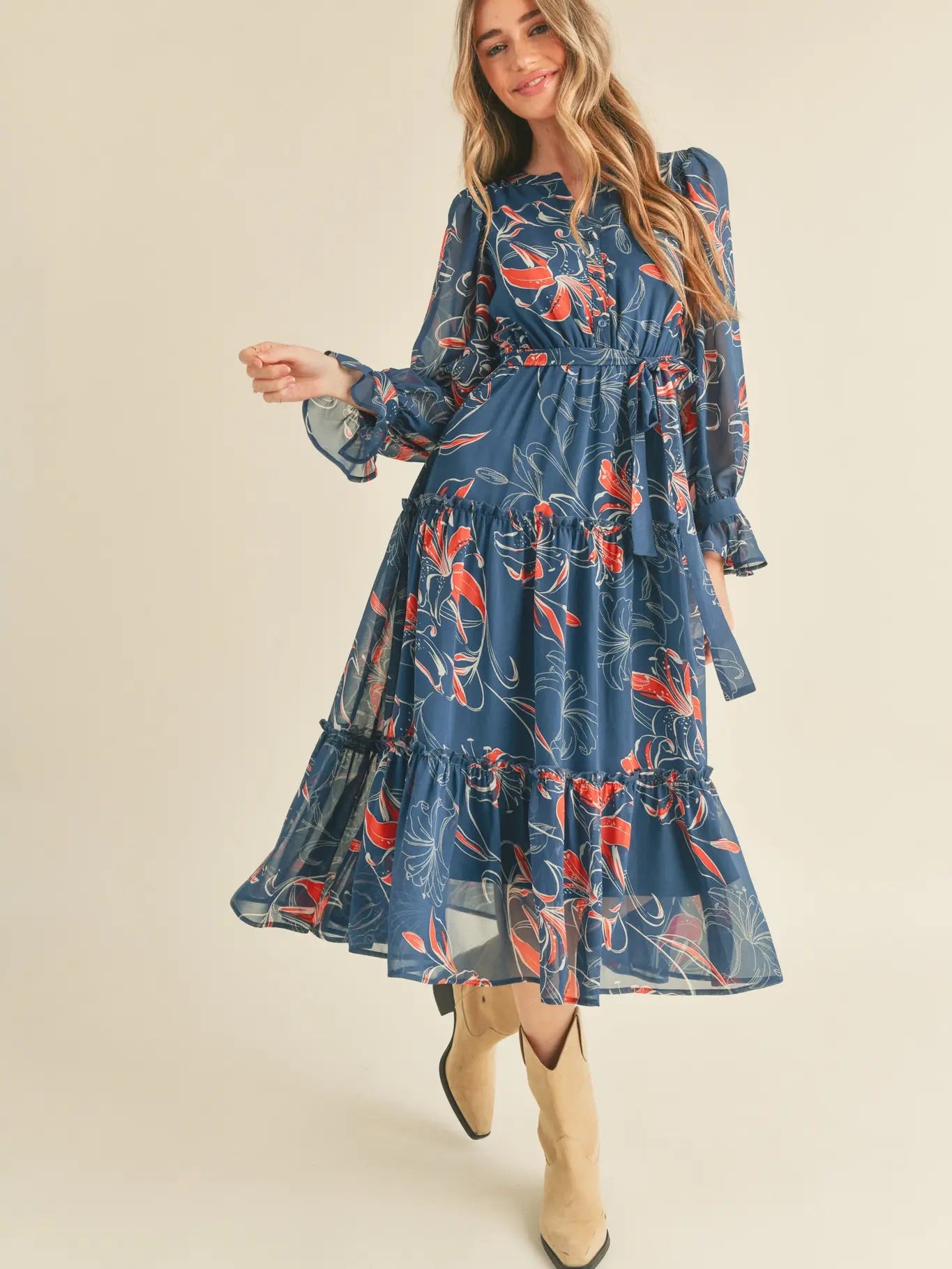 Print Tiered Button Down Midi Dress