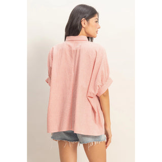 Striped Short Sleeve Button-Front Blouse